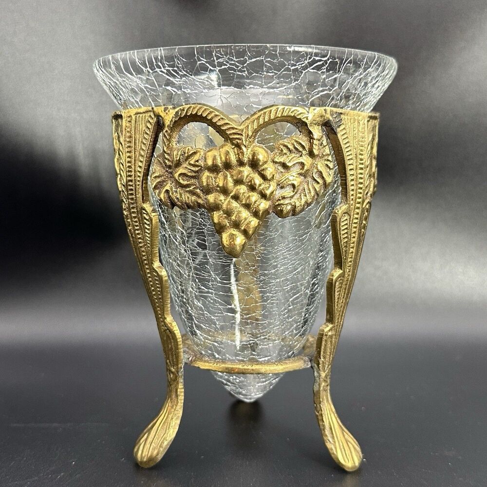Vintage Crackle Glass Cone Vase Ornate Brass Grape Pod Tripod Stand Set MCM 5.5"